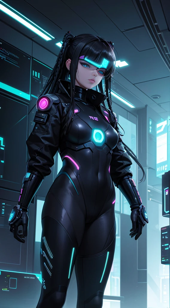 Cyberpunk style, IA avatar, cyberspace, wireframe, matrix, tron, minimal, abstract, virtual reality, black background, neon lights, virtual interface, looking at camera, (ebony), dreads, sexy, thic
