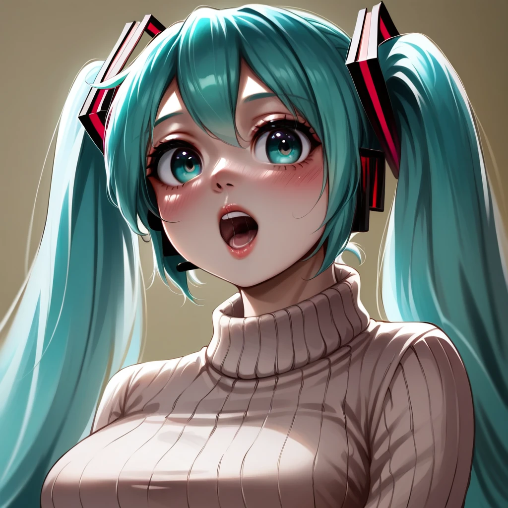 portrait, [:(score_4_up:0.25):0.65], [score_9_up:score_6_up:0.35], [:anime:0.4], portrait, detail face, large eyes, woman standing, ((hatsune miku)), medium breasts, sweater, skirt, motherly, [:photorealism:0.5]  focus on face, detailed mouth, mesmerizing mouth, high definition mouth, focus on face, best quality, detailed, absurd resolution, absurd detail, intricate details, vibrant colors, ultra-realistic, open mouth,