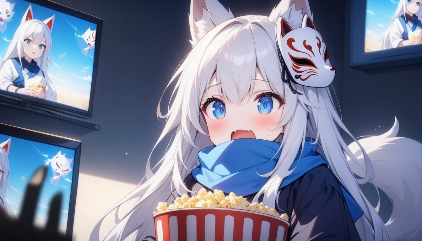 LOL、Looking at the screen with his mouth wide open, watching a movie while eating popcorn、Watch videoasterpiece, best quality:1.2), 1girl, 独奏,Wolf girl, fox mask, ninja, girl, long white hair, odd eyes, blue kimono, ninja girl, red and blue scarf,, light coming in, fantastic atmosphere.night、Shadows of light and darkness、Eyes glowing in the dark、Black fox mask、、long hair that spreads、Glued to the screen