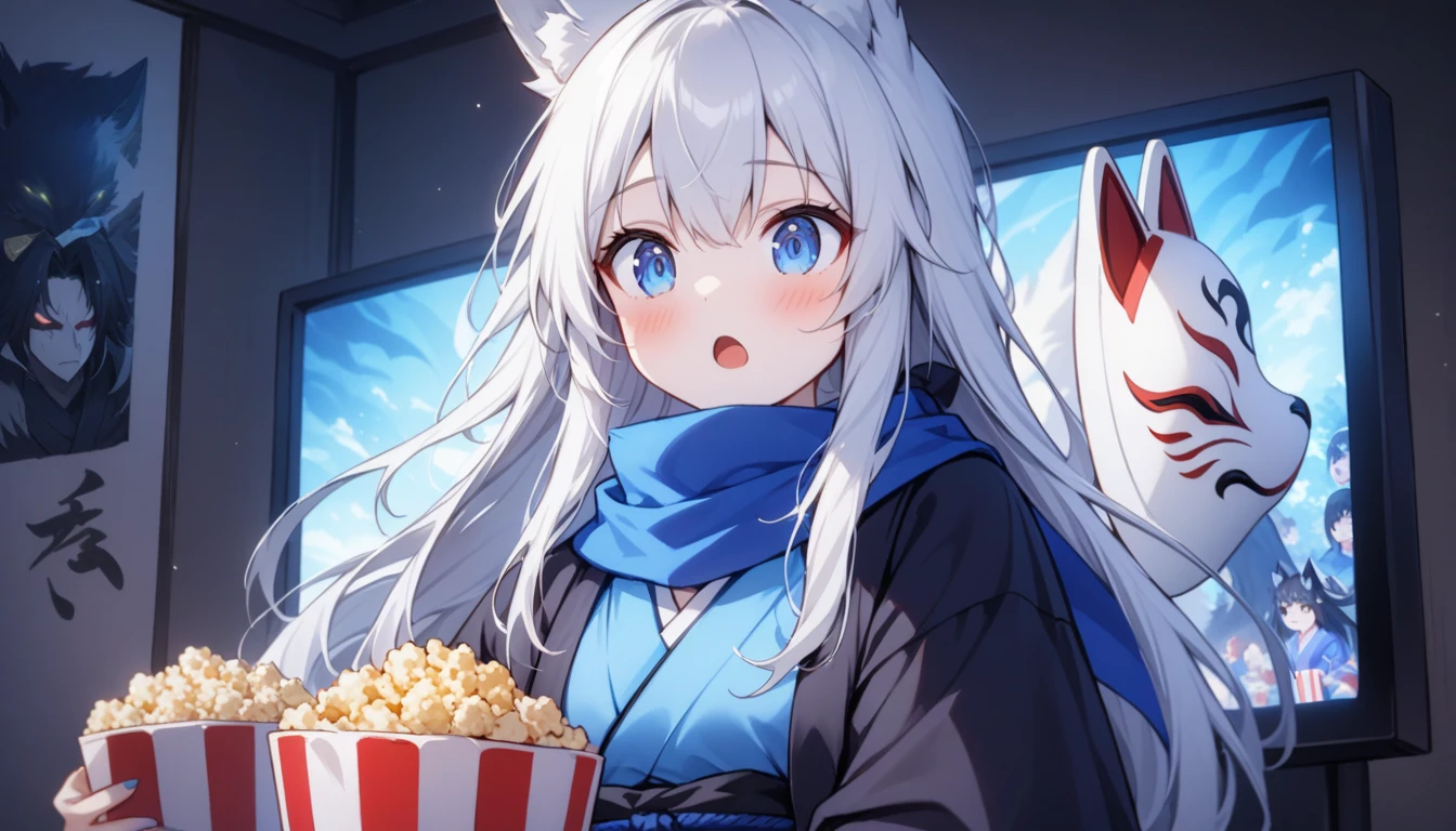 LOL、Looking at the screen with his mouth wide open, watching a movie while eating popcorn、Watch videoasterpiece, best quality:1.2), 1girl, 独奏,Wolf girl, fox mask, ninja, girl, long white hair, odd eyes, blue kimono, ninja girl, red and blue scarf,, light coming in, fantastic atmosphere.night、Shadows of light and darkness、Eyes glowing in the dark、Black fox mask、、long hair that spreads、Glued to the screen