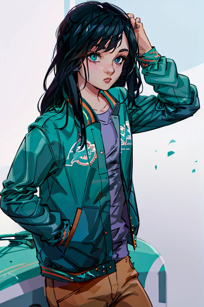 1girl, teal jacket, black hair