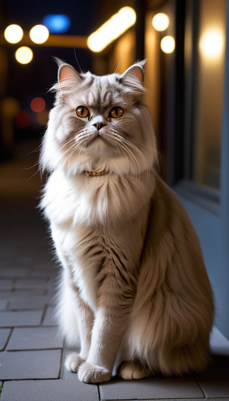 There is no one, realistic photo, photo realism, realism, Persian (persian) cat, perfect composition, intricate details, Very sharp, masterpiece, profile, high resolution, full body photo in city night view