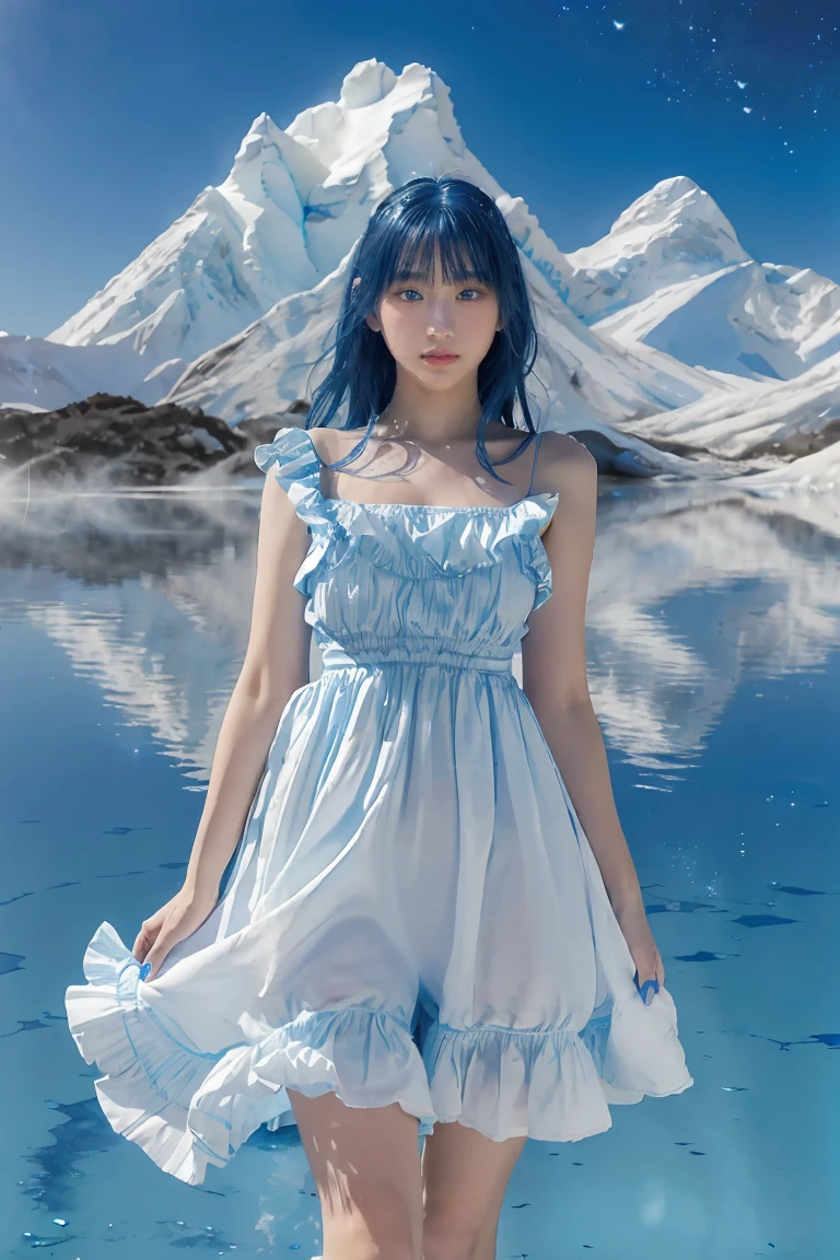 absurdres, highres, (official art, beautiful and aesthetic:1.2), (near vision:1.15), (1girl, blue hair, medium hair, blue eyes, bright eyes, long white dress, blue ruffle,:1.2) blue sky, Shimmering Galaxy, (Salar de Uyuni:1.2), (fractal art:0.8), water effects, ripple effects, (flower effects: 0.65), light effects,