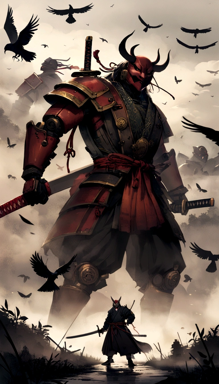 Sengoku period、Metal、Humanoid、Sword fighting pose、Samurai、Demon Mask、Sword in right hand、 robot、Full Body Shot、fog、chaos、Crow、insect、battlefield.