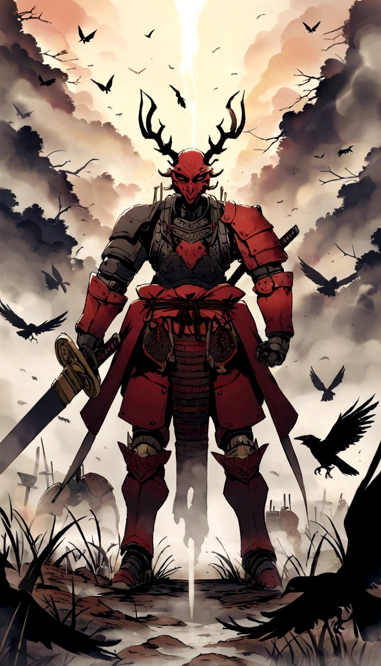 Sengoku period、Metal、Humanoid、Sword fighting pose、Samurai、Demon Mask、Sword in right hand、 robot、Full Body Shot、fog、chaos、Crow、insect、battlefield.