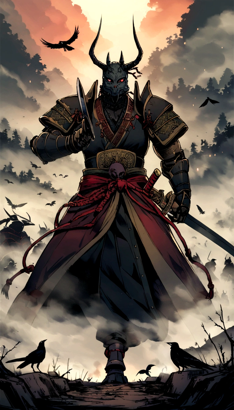 Sengoku period、Metal、Humanoid、Sword fighting pose、Samurai、Demon Mask、Sword in right hand、 robot、Full Body Shot、fog、chaos、Crow、insect、battlefield.
