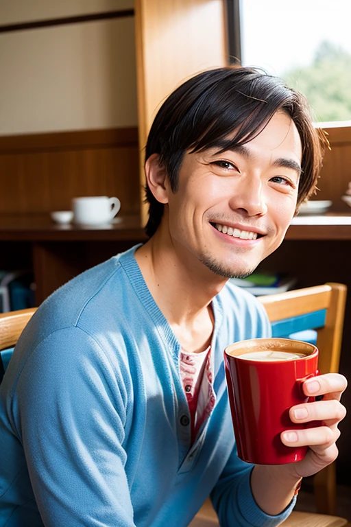 a Japanese man, portrait, upper body, pixar style, smiling, drinking coffee