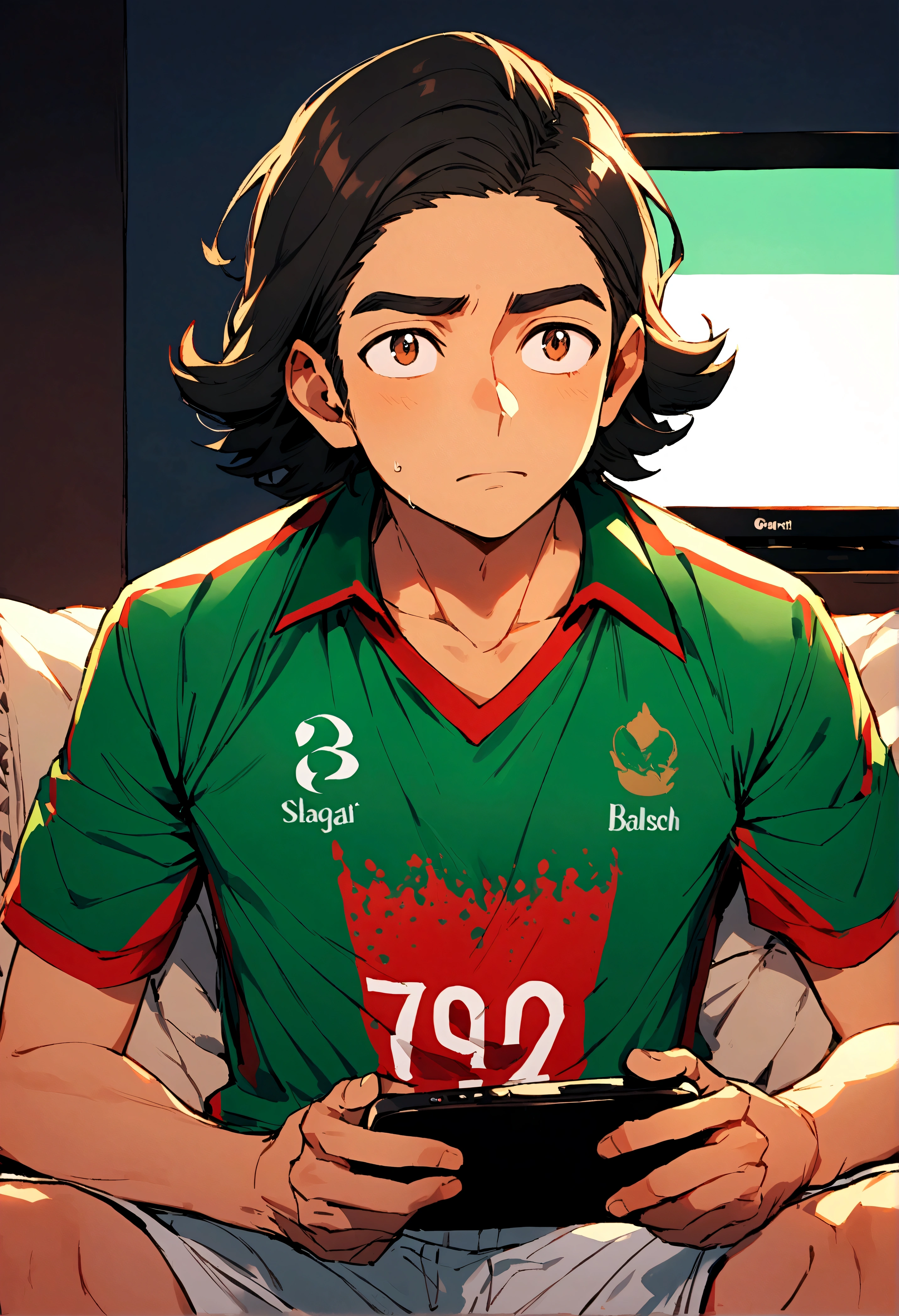A boy named Rafi, wearing 7no. Bangladesh cricket jersey, watching tv