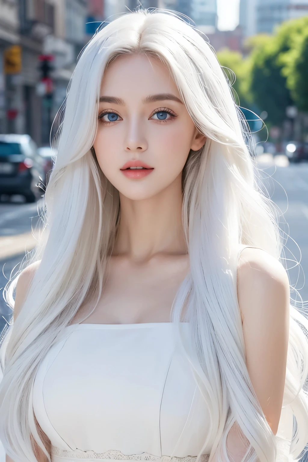 1 woman, White long curly hair,Natural and beautiful hair,The background is simple, clean and beautiful. White hair. Close lips. City. Elegante. Ropa elegante. Blue natural eyes.
