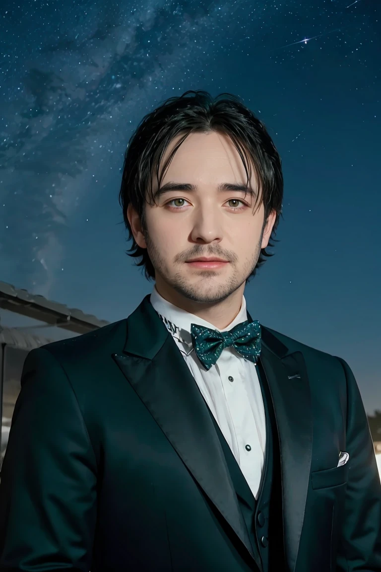 meitu, beetlejuice, anime, manga style, alex brightman starring as beetlejuice,1boy, aurora, beard, black bow, black bowtie, bow, bowtie, facial hair, formal, green eyes, green hair, male focus, mustache, night, night sky, realistic, shooting star, sky, solo, space, sparkle, star (sky), starry sky, suit, tuxedo, wlop, guweiz, meitu