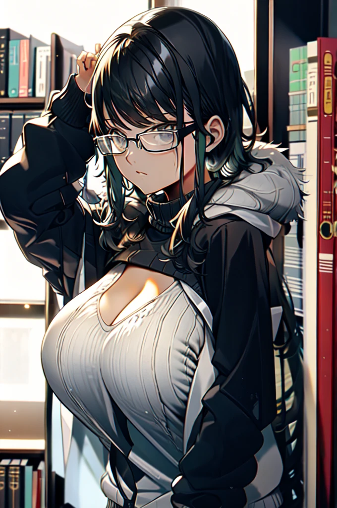 (masterpiece),(best quality), glasses, chakumomi, pov hands, breast grip, (embarrassed) exposed cleavage,sweater, in the library,