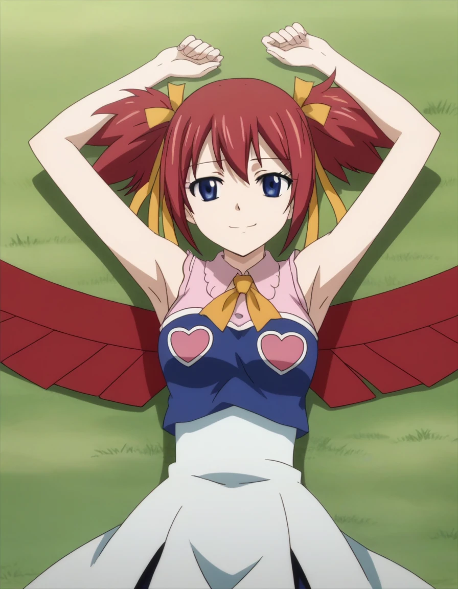 chelia_blendy, source_anime, rating_safe, intricate details, anime screencap, anime coloring, 1girl, solo,  red hair, blue eyes, ribbon, hair ribbon, twintails, short twintails, looking at viewer, high quality, solo, lying, on back, arms up, spread arms, closed mouth, on grass, center, (cowboy shot:1.5), looking at viewer, suggestive smile, best quality