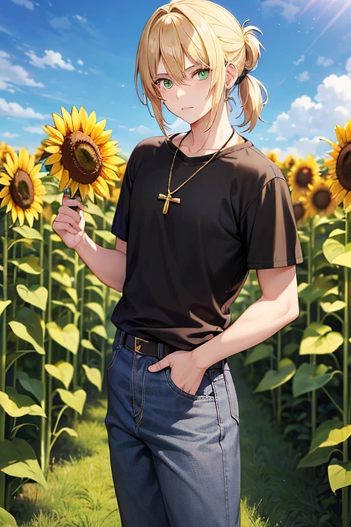 Anime boy, neutral expression, with blonde hair tied up in short ponytail, green eyes, black T-shirt, blue jeans, gold cross necklace, standing in a tall sunflower field, holding sunflower in hands