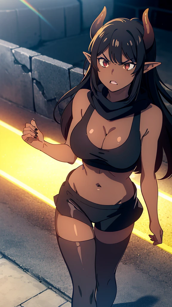 ((1girl,solo,mature female,tall)),big breasts,long hair, black hair,angry expression,horns,elf ears,black scarf,cleavage,(((dark skin))),((black sports bra, midriff)),(((black pantyhoses))),(walking,night),from above,watering hole,reflection
