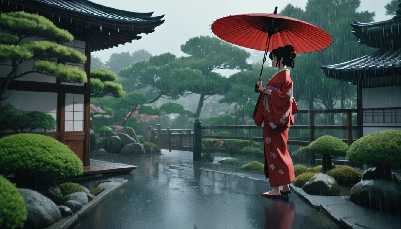 score_9, score_8_up, score_7_up, source_anime, detailed, 8k, cinematic angle, rating safe, wide shot, A woman in kimono holding an umbrella stands in a Japanese garden in the rain. 