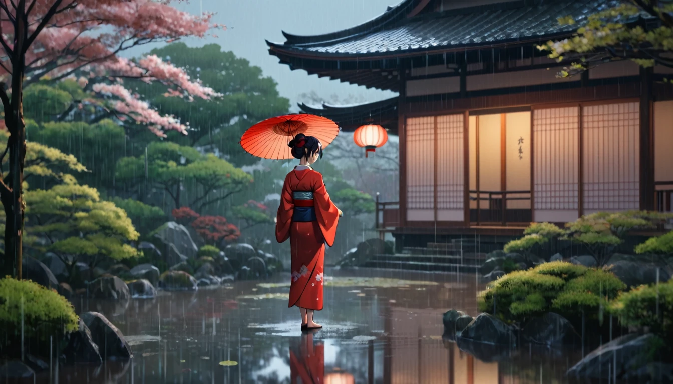 score_9, score_8_up, score_7_up, source_anime, detailed, 8k, cinematic angle, rating safe, wide shot, A woman in kimono holding an umbrella stands in a Japanese garden in the rain.