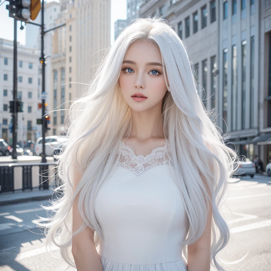 1 woman, White long curly hair,Natural and beautiful hair,The background is simple, clean and beautiful. White hair. Close lips. City. Elegante. Ropa elegante. Blue natural eyes.