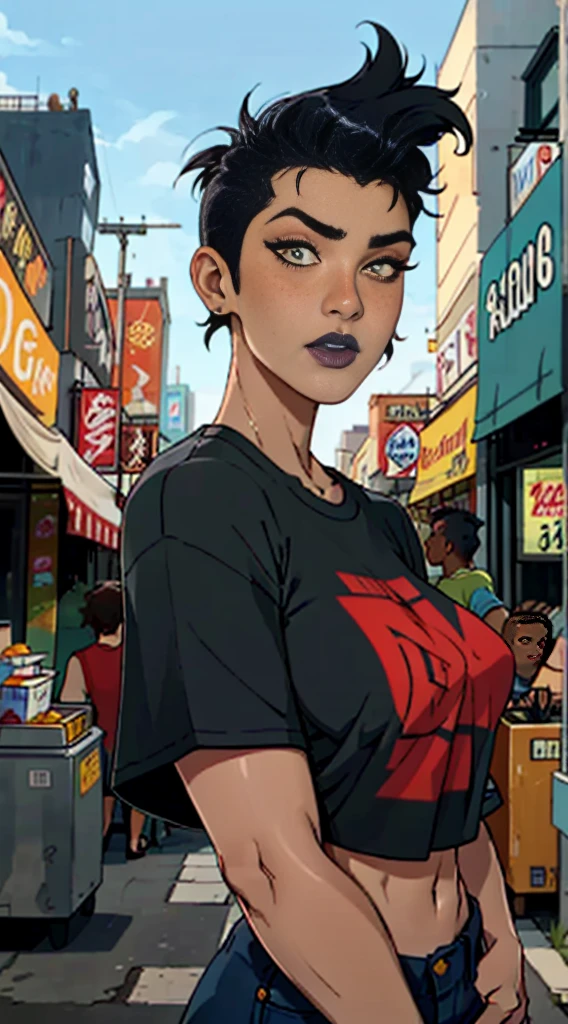 Close up of an supermodel woman face, at a busy cluttered city street background, daytime, pale yellow eyes, detailed punk rock mohawk hair with shaved sides haircut, freckles, blushing, pouting expression, single eyebrow raised, eye shadow, black lipstick, pierced eyebrow, huge tits, wearing a loose baggy tshirt crop top, looking to the side, dark skinned 