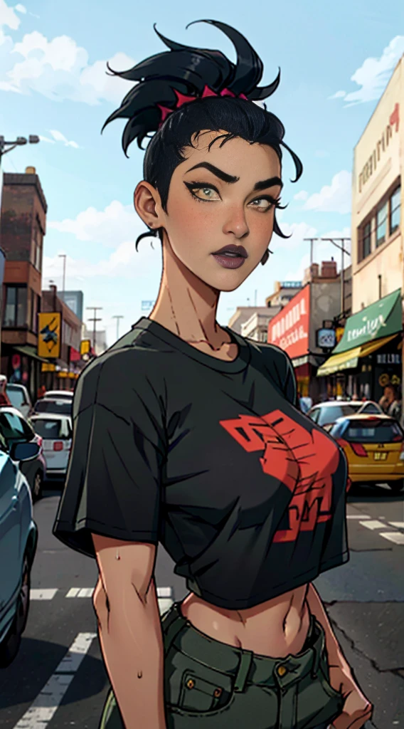 Close up of an supermodel woman face, at a busy cluttered city street background, daytime, pale yellow eyes, detailed punk rock mohawk hair with shaved sides haircut, freckles, blushing, pouting expression, single eyebrow raised, eye shadow, black lipstick, pierced eyebrow, huge tits, wearing a loose baggy tshirt crop top, looking to the side, dark skinned 