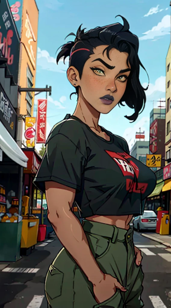 Close up of an supermodel woman face, at a busy cluttered city street background, daytime, pale yellow eyes, detailed punk rock mohawk hair with shaved sides haircut, freckles, blushing, pouting expression, single eyebrow raised, eye shadow, black lipstick, pierced eyebrow, huge tits, wearing a loose baggy tshirt crop top, looking to the side, dark skinned 