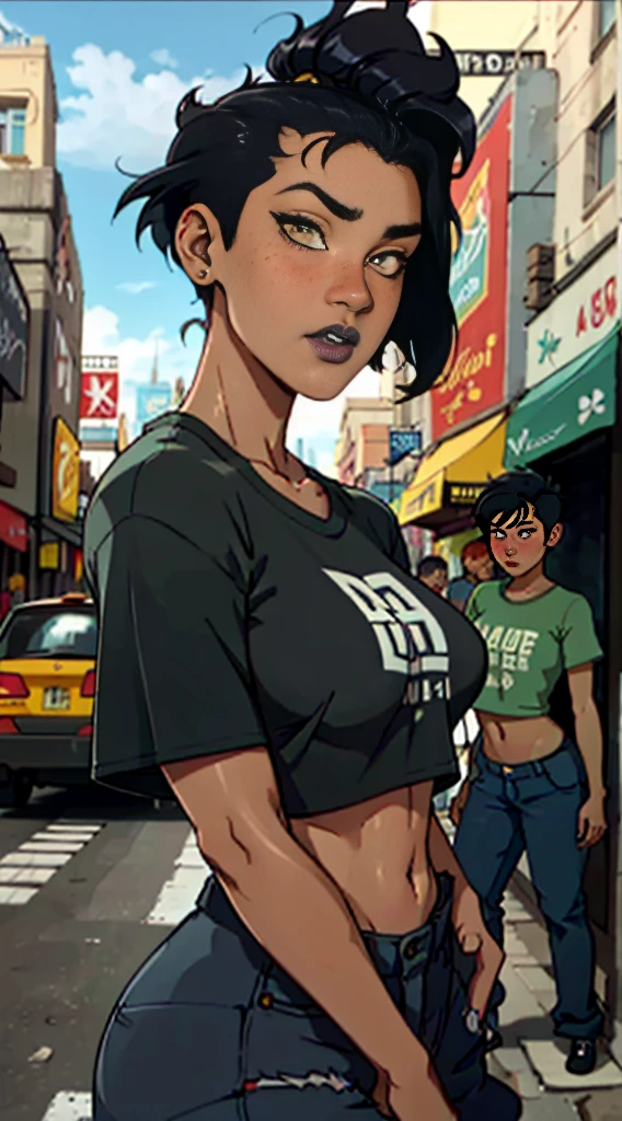 Close up of an supermodel woman face, at a busy cluttered city street background, daytime, pale yellow eyes, detailed punk rock mohawk hair with shaved sides haircut, freckles, blushing, pouting expression, single eyebrow raised, eye shadow, black lipstick, pierced eyebrow, huge tits, wearing a loose baggy tshirt crop top, looking to the side, dark skinned 