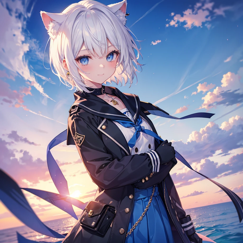 White Hair blue eyes short hair Have student Cat ear nice Blue Earrings necklace gloves beauty thin Sailor suit Put on a black coat Fantasy smile coastal sunset Fluffy hair