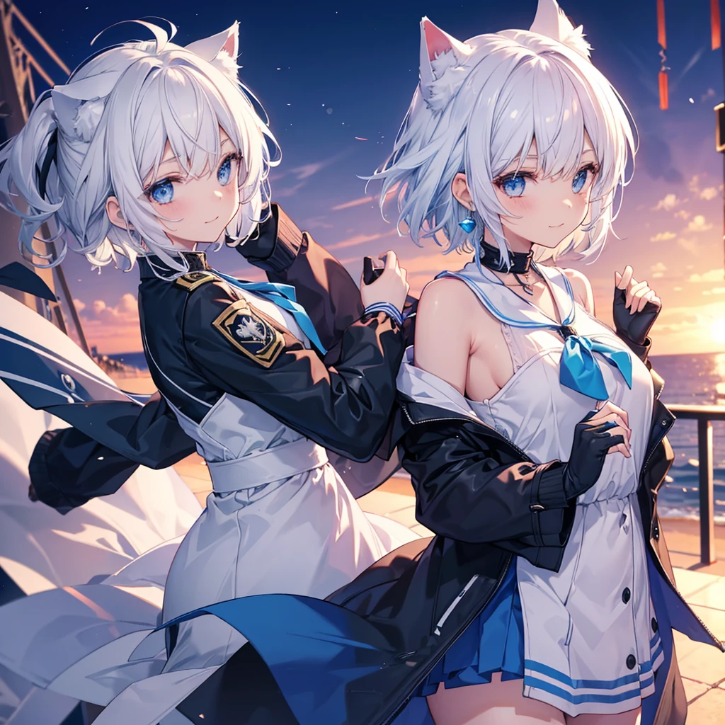 White Hair blue eyes short hair Have student Cat ear nice Blue Earrings necklace gloves beauty thin Sailor suit Put on a black coat Fantasy smile coastal sunset Fluffy hair