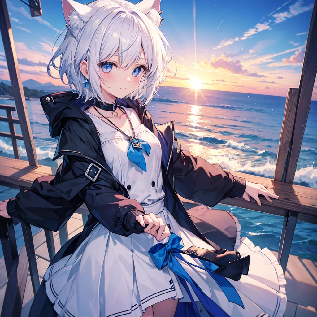 White Hair blue eyes short hair Have student Cat ear nice Blue Earrings necklace gloves beauty thin Sailor suit Put on a black coat Fantasy smile coastal sunset Fluffy hair