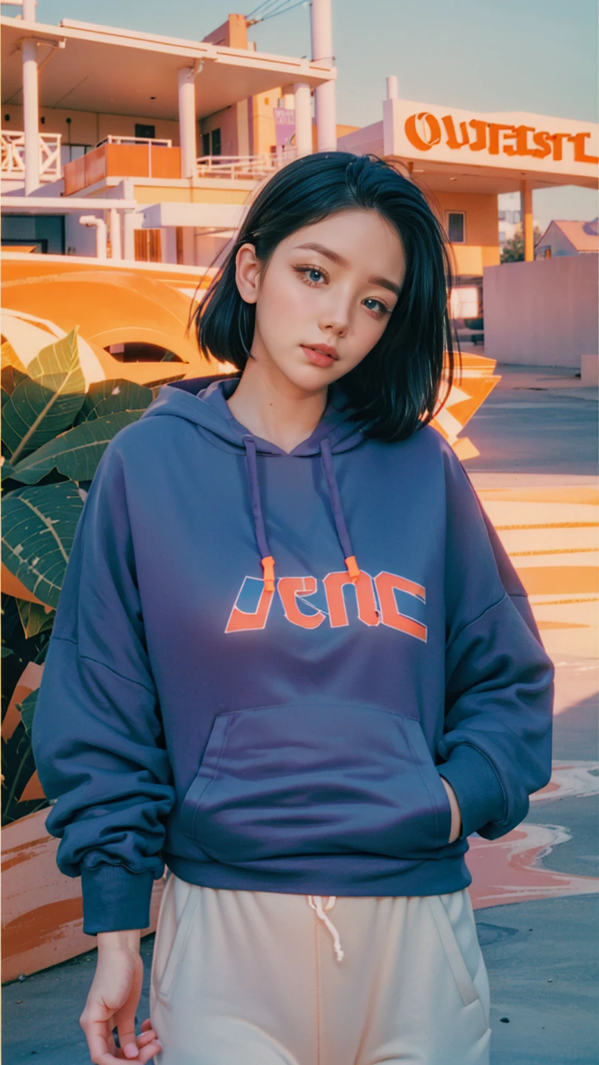 8K, 1girl, UHD,beautiful, black bob hairstlye, ((orange oversize hoodie)), oversize_shirt, sweatpants, Evening light,，Taking a walk，purple slacks, look at viewer, (((80's architecture colorful motel))) ,perfect beautiful face,perfect nose,perfect eyes, perfect lips kodak gold 200 fisheye-8mmlens-v2exp ,25 yo cute korean, ((busty perfect body)) perfect face, 35mm film,palm trees, blue sky, sunny summer, los angles vibes (photorealistic:1.2), (ultra realistic:1.3), (very detailed:1.1), ((masterpiece))