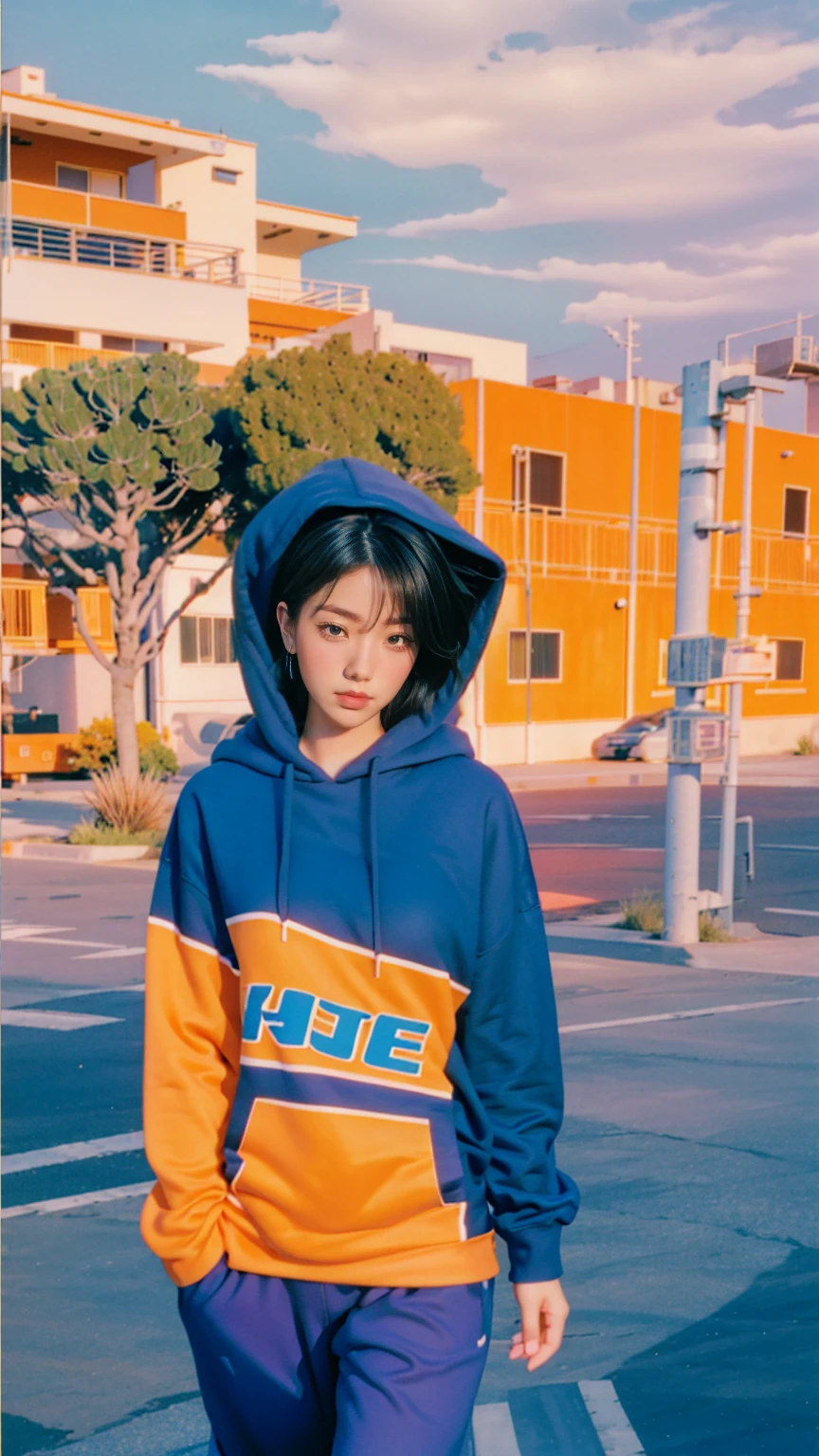 8K, 1girl, UHD,beautiful, black bob hairstlye, ((orange oversize hoodie)), oversize_shirt, sweatpants, Evening light,,Taking a walk,purple slacks, look at viewer, (((80's architecture colorful motel))) ,perfect beautiful face,perfect nose,perfect eyes, perfect lips kodak gold 200 fisheye-8mmlens-v2exp ,25 yo cute korean, ((busty perfect body)) perfect face, 35mm film,palm trees, blue sky, sunny summer, los angles vibes (photorealistic:1.2), (ultra realistic:1.3), (very detailed:1.1), ((masterpiece))