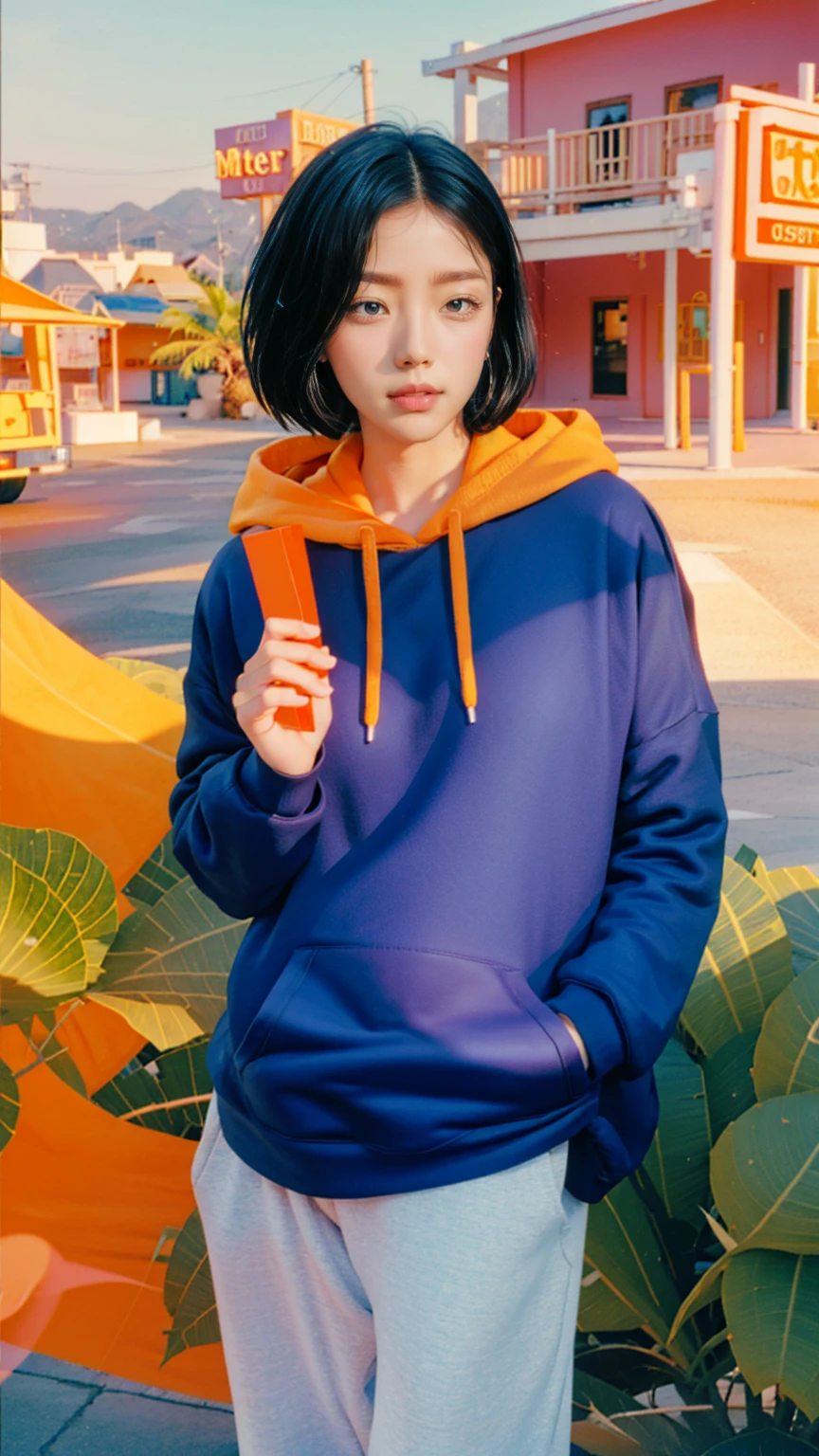 8K, 1girl, UHD,beautiful, black bob hairstlye, ((orange oversize hoodie)), oversize_shirt, sweatpants, Evening light,，Taking a walk，purple slacks, look at viewer, (((80's architecture colorful motel))) ,perfect beautiful face,perfect nose,perfect eyes, perfect lips kodak gold 200 fisheye-8mmlens-v2exp ,25 yo cute korean, ((busty perfect body)) perfect face, 35mm film,palm trees, blue sky, sunny summer, los angles vibes (photorealistic:1.2), (ultra realistic:1.3), (very detailed:1.1), ((masterpiece))
