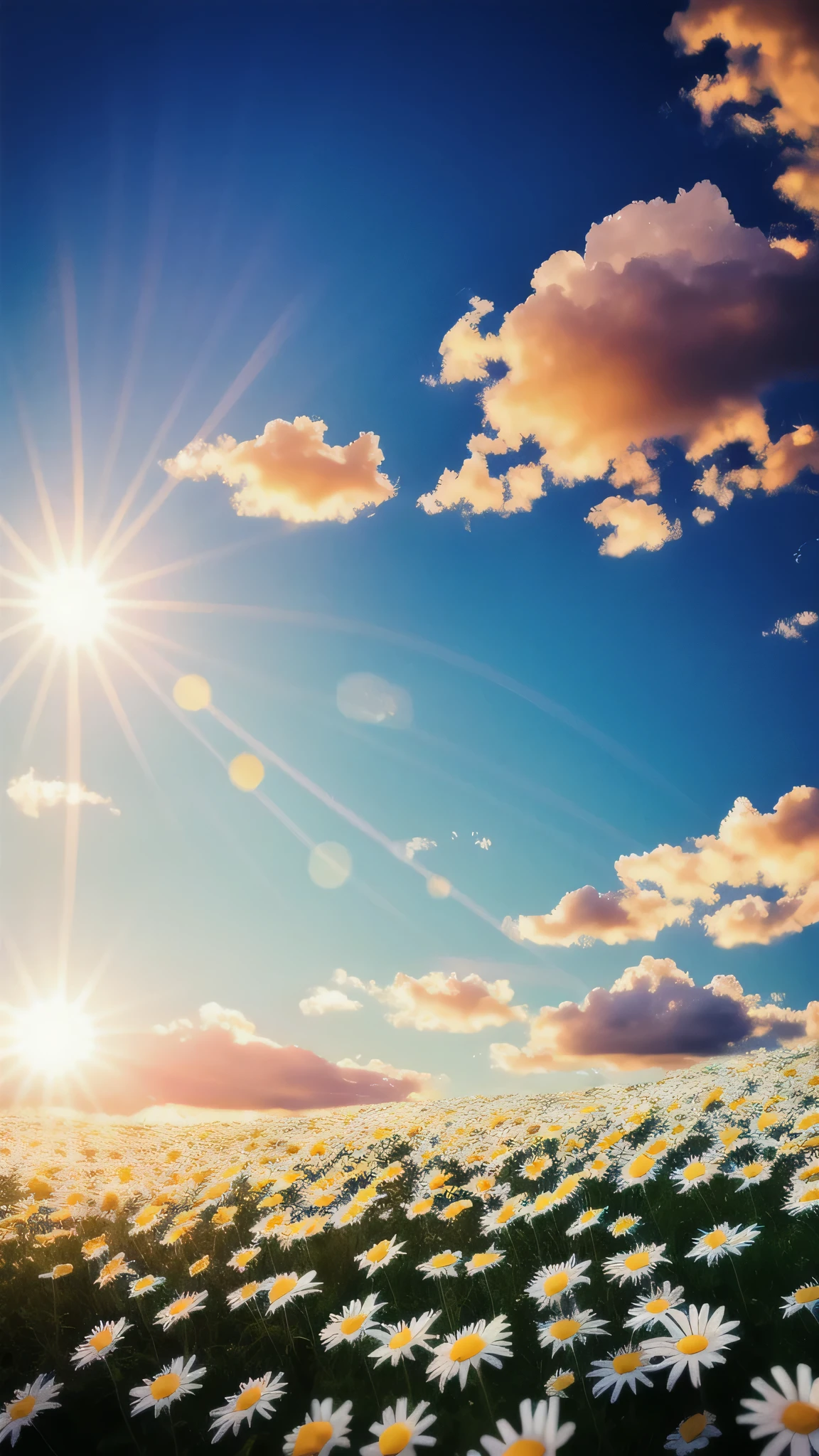 Countless little daisies, Blue sky, Texture white clouds, sunset sun,