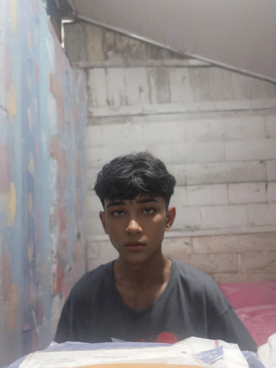 masterpiece, best quality, realistic 8K, one mature male, 25 years old, extremely detailed face, ((yellow eyes)), ((short black perm hair covering all forehead)), Extremely delicate and stern face ((cold look)), ((sharp eyes)), 21st century, (whole portrait), dark grey color background, red hair, albino boy, black hair, handsome, simple black v-neck t-shirt, bubbling hair, sexy, dark atmosphere, a faint smile, Decadent beauty, bright yellow eyes, masculine, wear only black v-neck t-shirt, model face, attractive, side view, side face, no lighting