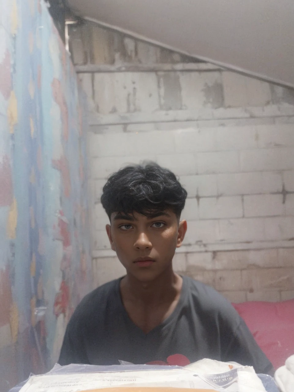 masterpiece, best quality, realistic 8K, one mature male, 25 years old, extremely detailed face, ((yellow eyes)), ((short black perm hair covering all forehead)), Extremely delicate and stern face ((cold look)), ((sharp eyes)), 21st century, (whole portrait), dark grey color background, red hair, albino boy, black hair, handsome, simple black v-neck t-shirt, bubbling hair, sexy, dark atmosphere, a faint smile, Decadent beauty, bright yellow eyes, masculine, wear only black v-neck t-shirt, model face, attractive, side view, side face, no lighting