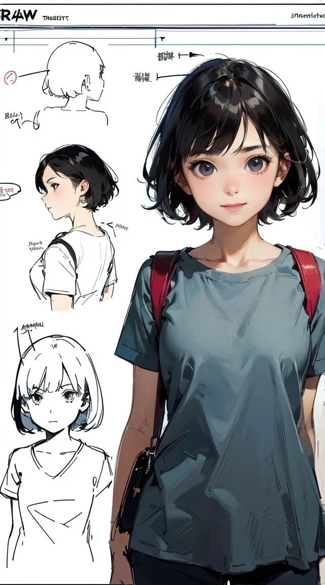 (8k, RAW photo, best quality, masterpiece:1.2),    RanmaChan, RanmaRedShirt　　(character design sheet:1.4), (technical diagram:1.4),
(masterpiece), (best quality),
1girl, (perfect face:1.2), (beautiful face:1.2), black hair, short hair,
, school bag,
happy, high resolution, intricate,