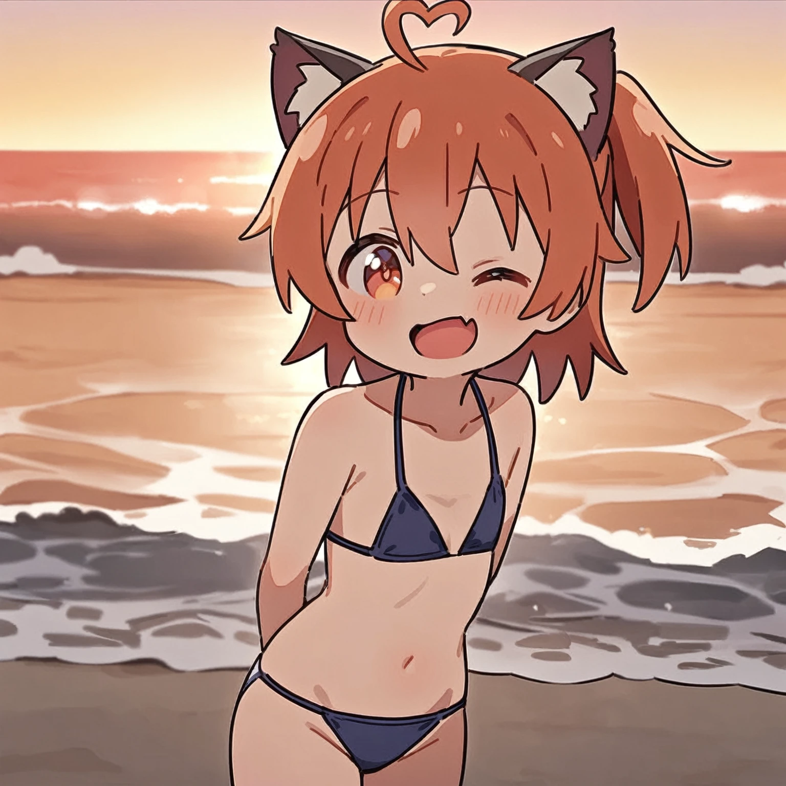 Hoshino Hinata standing on the beach，Put your hands behind your back，lol，Wearing a swimsuit