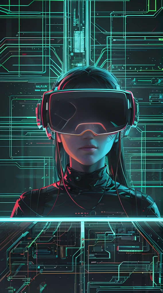 Cyberpunk style, IA avatar, cyberspace, wireframe, matrix, tron, minimal, abstract, virtual reality, black background, neon lights, virtual interface, looking at camera, ebony, dreads