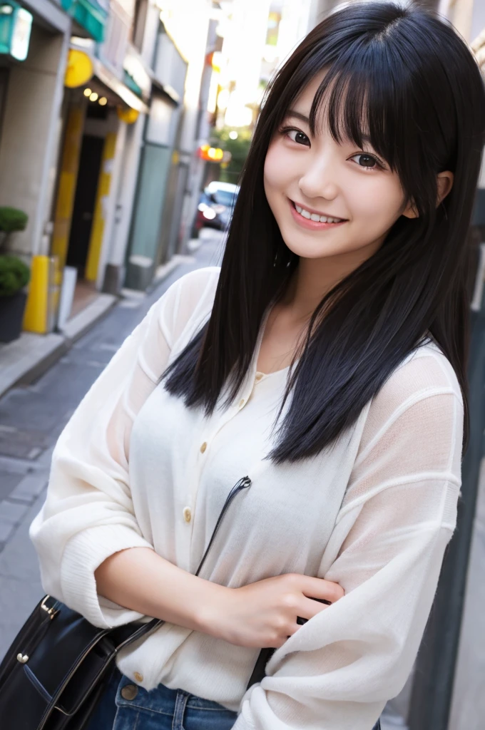 A Japanese girl in her 20s with long black hair、OL、Inside the company、Looking at me and smiling、