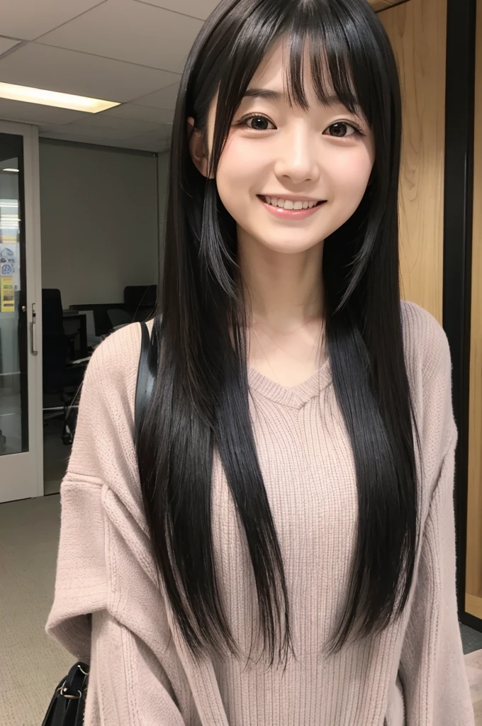A Japanese girl in her 20s with long black hair、OL、Inside the company、Looking at me and smiling、