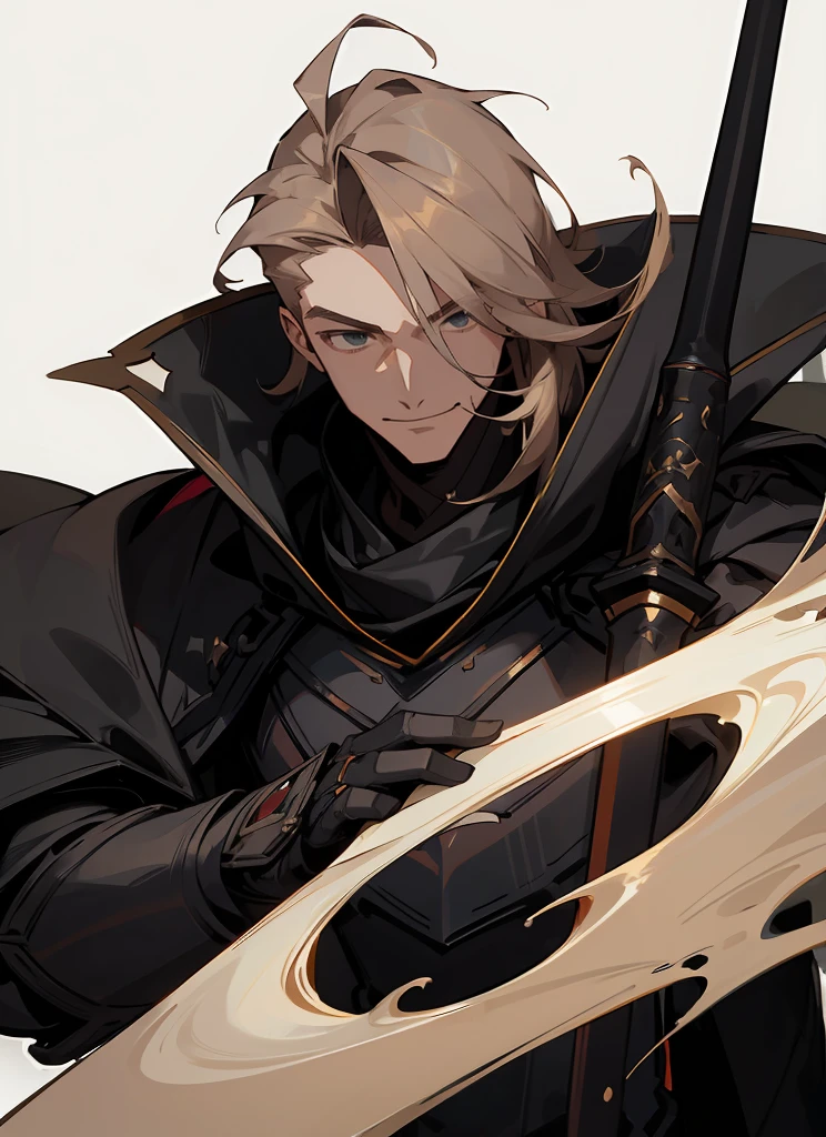 1 , handsome fashion hair,bronze hair highlightwhite, fanstasy, smile face, male ,fantasy, reaper, hunter with blackshortsword, villian face, black armor , darkness wolrd, bad