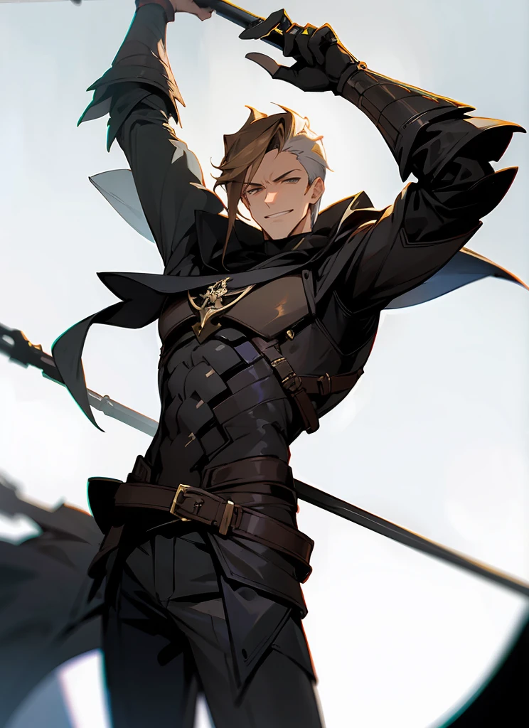 1 , handsome fashion hair,bronze hair highlightwhite, fanstasy, smile face, male ,fantasy, reaper, hunter with blackshortsword, villian face, black armor , darkness wolrd, bad