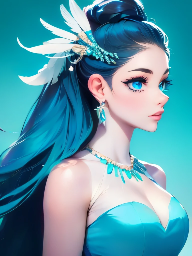 opal diamond, 1girl, solo, jewelry, gem, long hair, earrings, profile, from side, hair ornament, upper body, feathers, blue eyes, necklace, crystal, white background