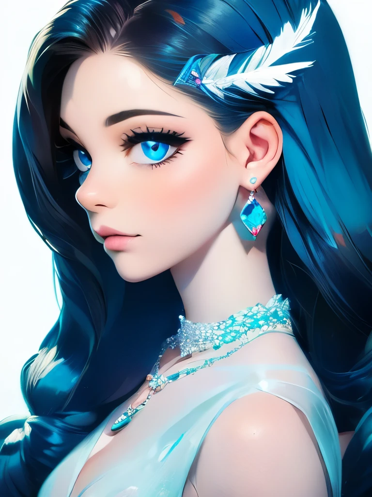 opal diamond, 1girl, solo, jewelry, gem, long hair, earrings, profile, from side, hair ornament, upper body, feathers, blue eyes, necklace, crystal, white background