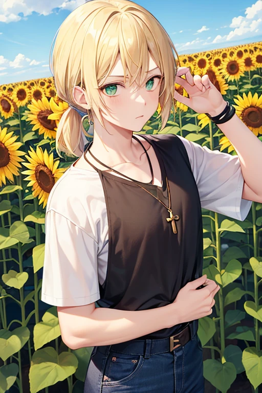 Anime boy, neutral expression, with blonde hair tied up in short ponytail, green eyes, black T-shirt, blue jeans, gold cross necklace, standing in a tall sunflower field, holding sunflower in hands