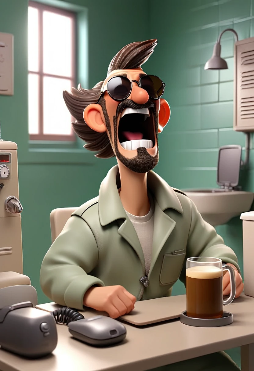 A padded insane asylum cell with radio equipment, computer, microphone on the table and a mug of coffee and a bottle of beer. a crazy man with a goatee and topknot in a straitjacket and aviator-style sunglasses, giggling, a toilet at the bottom. 3d cartoon style