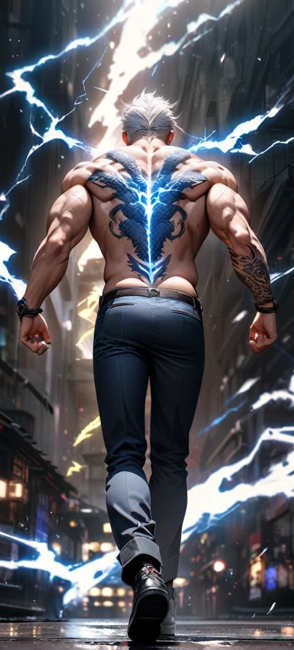Far view,High quality, ultra realistic,absurdres, highres, ultra detailed, HDR, masterpiece, extremely detailed face and eyes, a cool topless yakuza fighter, cool back pose, dragon on back, cool tatto on chest , ,, cool white hair , solo, ,man, handsome, , ,explosive effect , ,black lightning effect,glowing glitters , symetrical , full body view