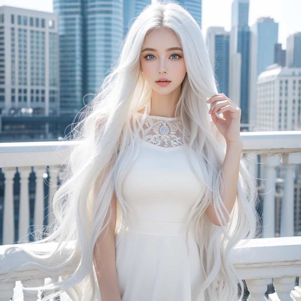 1 woman, White long curly hair，Natural and beautiful hair，The background is simple, clean and beautiful. White hair. Close lips. City. Elegante. Ropa elegante. Blue natural eyes. Drink. 