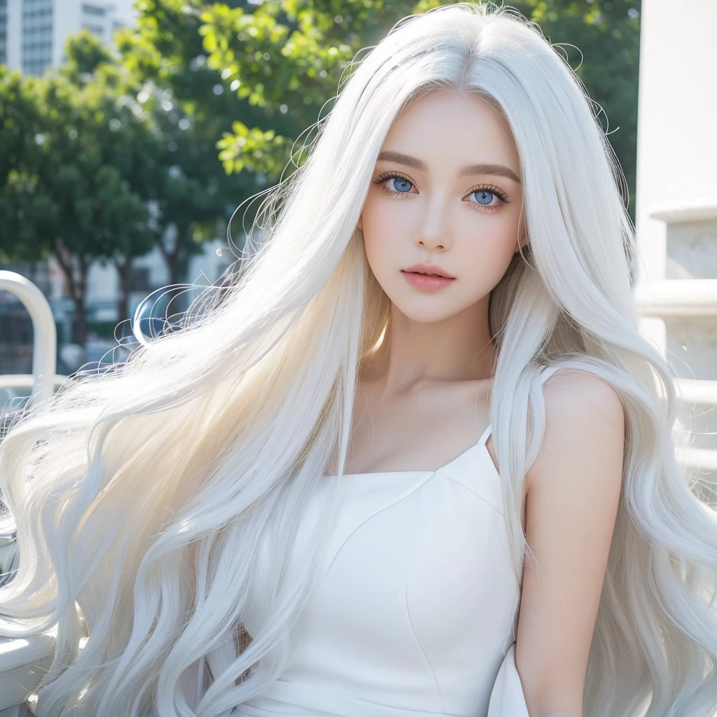 1 woman, White long curly hair，Natural and beautiful hair，The background is simple, clean and beautiful. White hair. Close lips. City. Elegante. Ropa elegante. Blue natural eyes. Drink. 