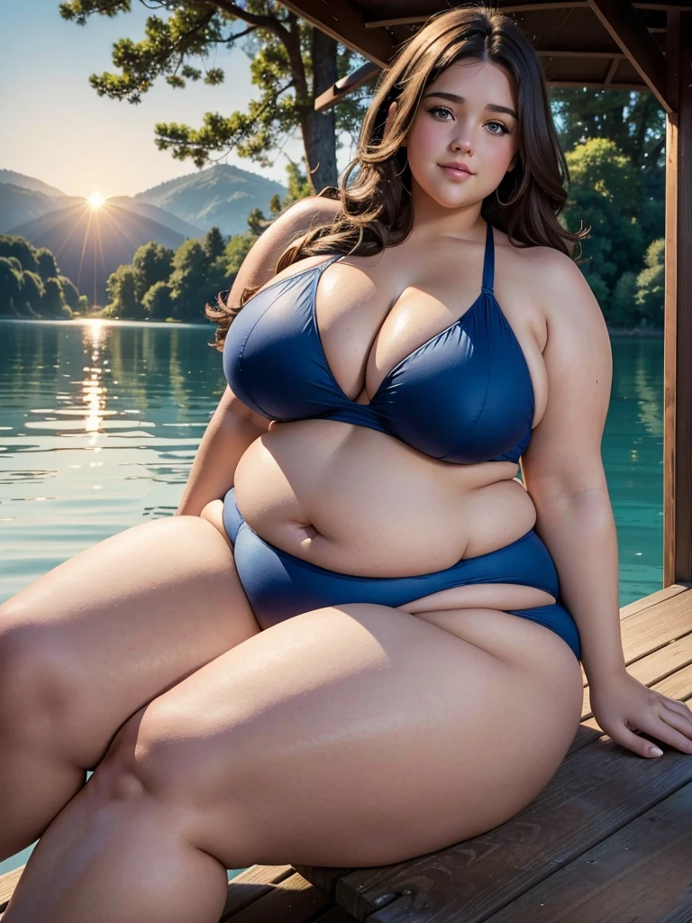 Close happy shot of a very beautiful very obese young huge ussbbw with short wavy brown hair, blue eyes, huge obese soft fat belly, obese very wide hips, very thicc legs and thicc arms, in a Tight bikini sitting on a beautiful lake pier with her large fat belly laying on her legs, with trees in the background in sunset
