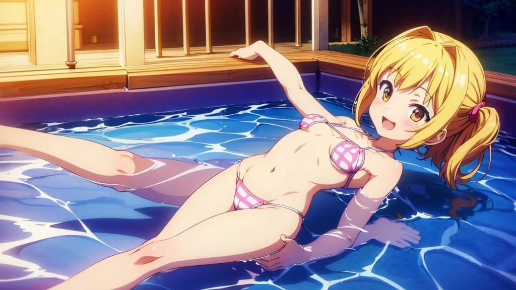 Masterpiece, Best Quality, extremely detailed, cheered up, girl,night pool,high waist bikini,SMILE,:d,action,(small breasts),ass focus nsfw, perfect, anatomy,